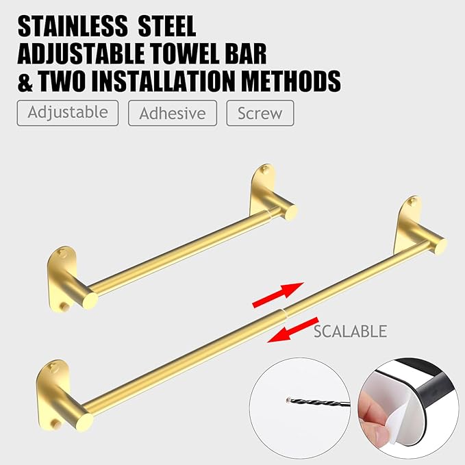 Towel Bar, Adjustable 14.4inch - 25.2inch Towel Rack, Self Adhesive & Wall Mounted for Bathroom Kitchen Hand Towel Holder Cloths Hanger 304 Stainless Steel Organizer Single Bar (1, Gold)