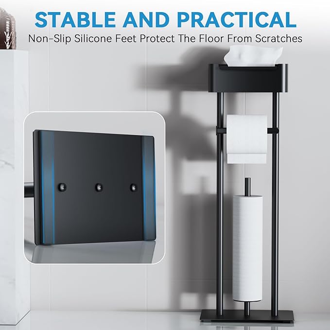 Toilet Paper Holder Free Standing - Toilet Paper Stand with Shelf - Storage for 4 Rolls- Bathroom Organizers, No Drill, for Large Toilet Rolls, 29.7 inch*12.6 inch (Matte Black)