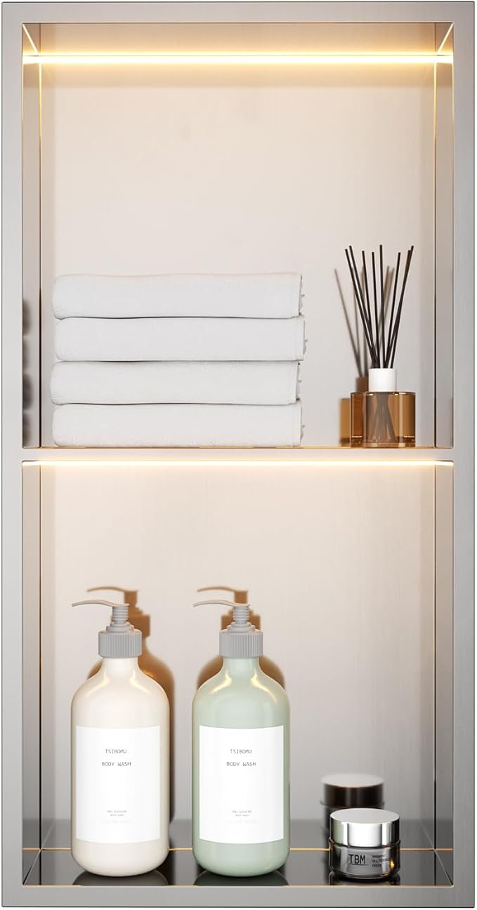 Stainless Steel LED Lights Shower Niche 12"x24" - No Tile Needed Double Shelves Recessed Wall Niche for Bathroom Storage, Brushed