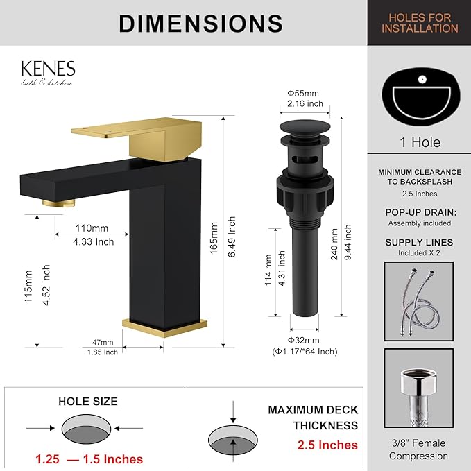 KENES Single Handle Bathroom Sink Faucet, Black and Gold Bathroom Faucets Single Hole, Vanity Faucet with Pop Up Drain and Supply Lines, Matte Black/Brushed Gold LJ-9031-BG