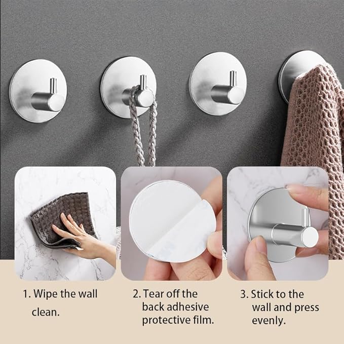 Miliocry 6 Packs Bathroom Towel Hooks, Adhesive Hooks Heavy Duty Wall Hook, Waterproof Stainless Steel Towel Hanger Robe Hat Coat Holder, Wall Mount Hooks for Bathroom,Bedroom,Kitchen(Silver-Round)