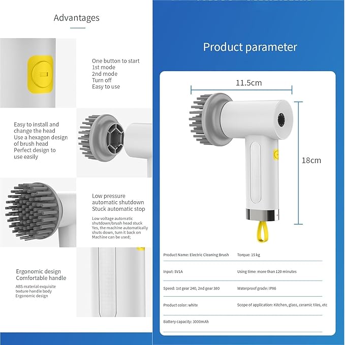 Electric Spin Scrubber Cordless Power Cleaning Brush Rechargeable Scrubber for Bathroom Tub Sink Kitchen Dishes Tile Window