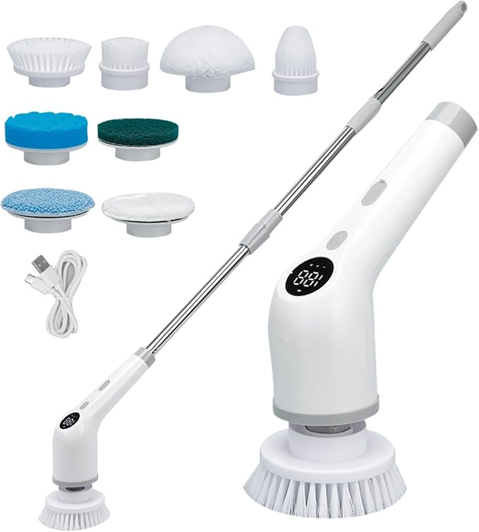 Electric Scrubber Brush for Cleaning with 8 Replaceable Brush Heads, 400 and 500 RPM Electric Cleaning Brush, Electric Rotating Brush for Shower, Floor,A
