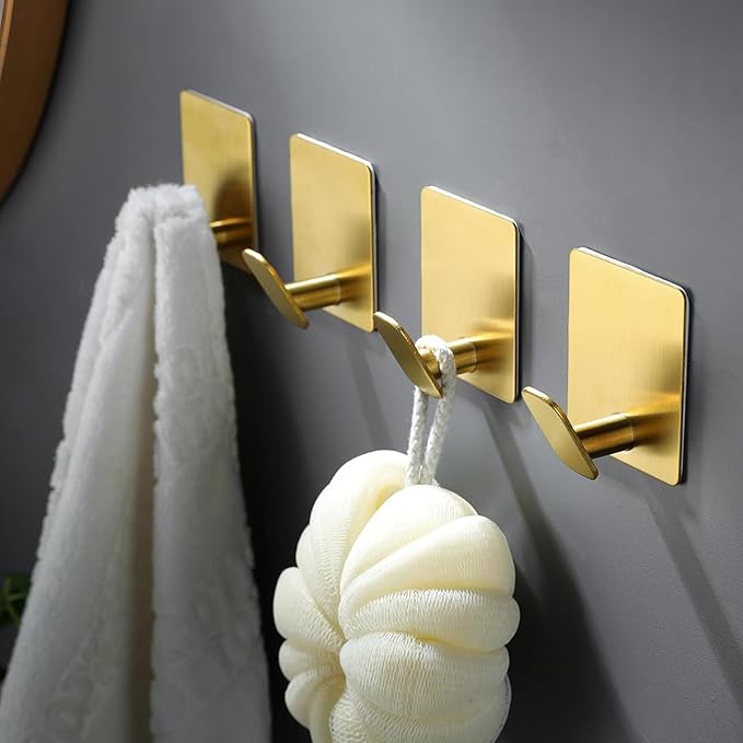 Gold Adhesive Hooks for Wall Hanging - Fit for Coat Door Towel Hooks for Bathrooms Decorative Kitchen Shower Glass Wall 304 Stainless Steel Robe &Towel Hooks Brushed Gold 4 Packs