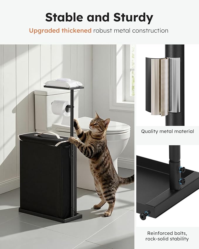 Toilet Paper Holder Free Standing with Storage for Up to 12 Rolls,Rustproof Metal Toilet Paper Stand with Shelf,All-in-One Toilet Tissue Roll Dispenser and Organizer with a Lidded Basket,Black