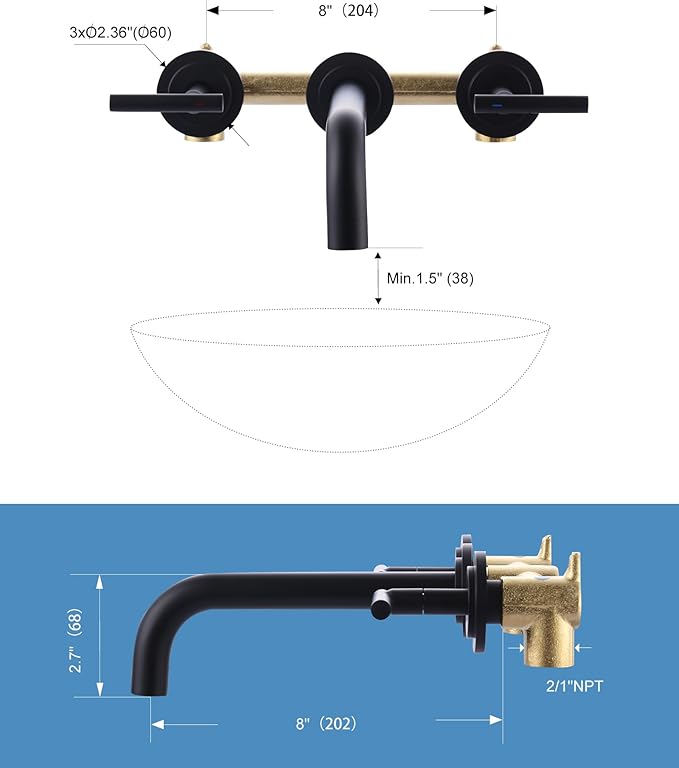 WOWOW Wall Mount Bathroom Faucet Matte Black Wall Faucet High Flow Two Handles Stainless Steels,Long Spout Reach,Widespread Bathroom Sink with Rough-in Valve 3 Holes Elegant Classic Spout