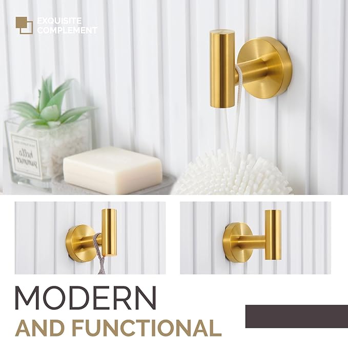 Bathroom Hardware Set 4-Piece Brushed Gold, Angle Simple SUS304 Stainless Steel Bathroom Fixtures Accessory Kit with Towel Hook X 2, Toilet Paper Holder and Rotary Towel Ring, Wall Mount