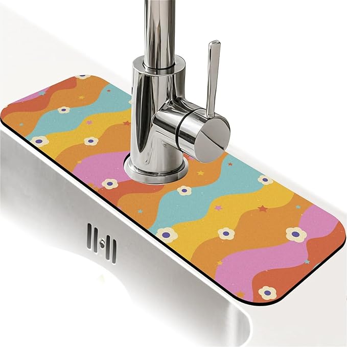 Faucet Draining Mat For Kitchen Sink, Rainbow Flowers Diatom Mud Absorbent Drain Pad For Bathroom Kitchen Sink Splash Guard Drying Mat