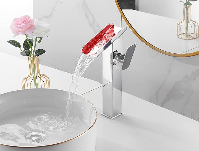 Chrome Bathroom Faucet LED 3 Color Changing Light Waterfall Vessel Sink Faucets Single Handle One Hole Bowl Sink Faucet Vanity Lavatory Deck Mount Bath Mixer Tap Tall Body Modern with Supply Lines