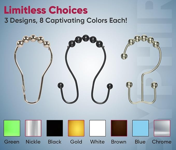 Shower Curtain Hooks Rust Proof (Set of 12) - Stainless Steel Shower Curtain Rings - Anti Slip Roller Balls for Easy Glide (Double Anchor Hooks, Matte Black)
