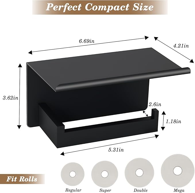 Black Toilet Paper Holder with Shelf, Wall Mount Bathroom Tissue Roll Holder Organizer, Modern Storage Shelf for Phone, Book, Plant, Extra Roll, Matte Black Finish, Easy Install