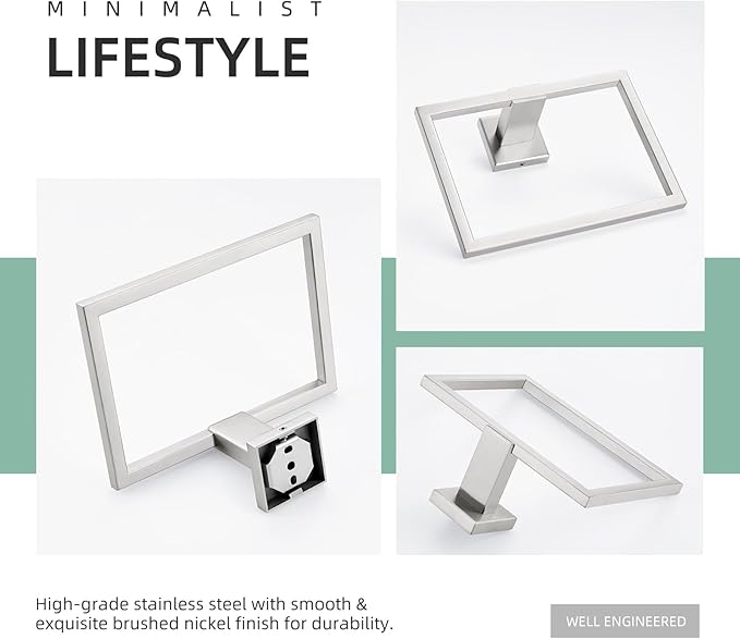 Angle Simple Hand Towel Holder Brushed Nickel, SUS 304 Stainless Steel Square Bathroom Towel Ring Hanger, Wall Mount, 7.09 Inches