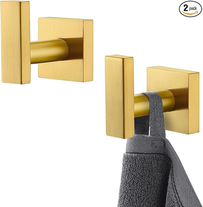 APLusee Robe Towel Hook 2 Pack Brushed Gold, 304 Stainless Steel Square Coat Hanger, Wall Mounted