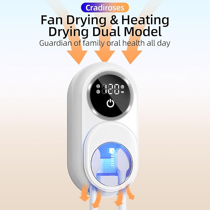 UV Toothbrush Sanitizer Holder(2 Slots, White)-Rechargeable Wall-Mount with Heated Fan Drying, LED Smart Screen, for Bathroom & Travel