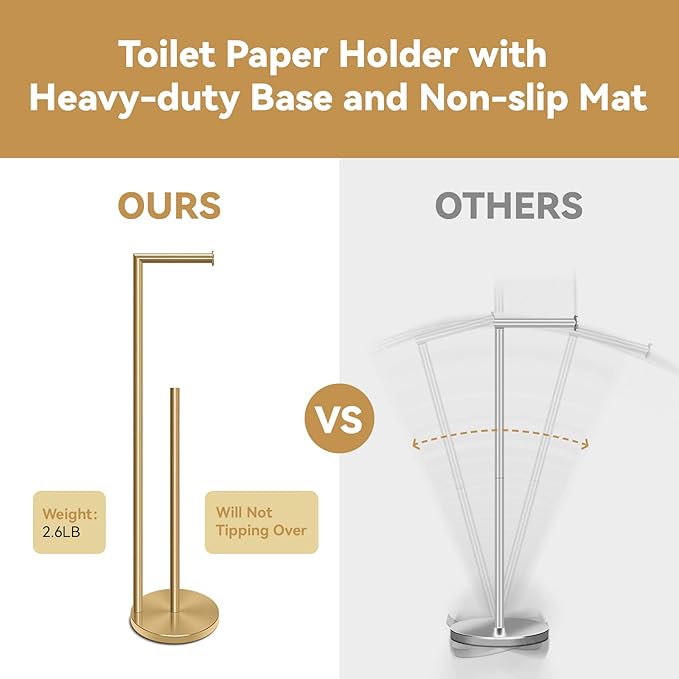 RRM Toilet Paper Holder Stand, Bathroom Free Standing Toilet Paper Holder with Reserve Storage 3-4 Toilet Paper Rolls, Double Rod 26.4-inch Stainless Steel Toilet Paper Storage (Golden)