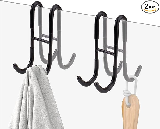2 Pack Double-Sided Towel Hooks for Shower Door, 304 Stainless Steel, Over Bathroom Frameless Glass Door Rack Hooks for Loofah Robe Shaver, Black