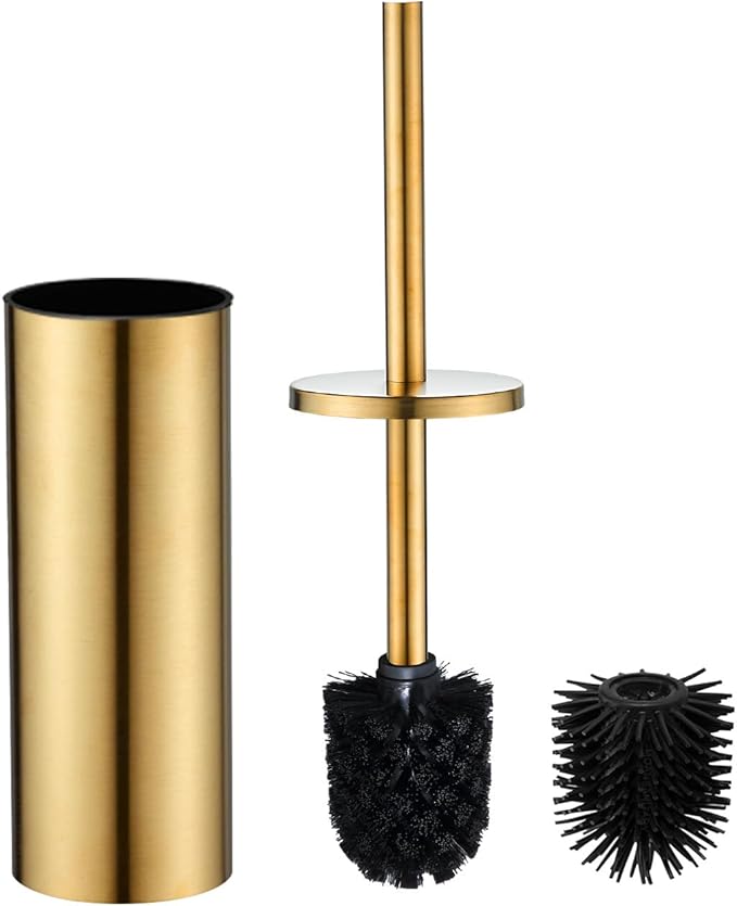 Toilet Bowl Brush Stainless Steel Gold Toilet Brush and HolderSet，Silicone + Bristle Dual-Head Toilet Brush Holder (Gold)
