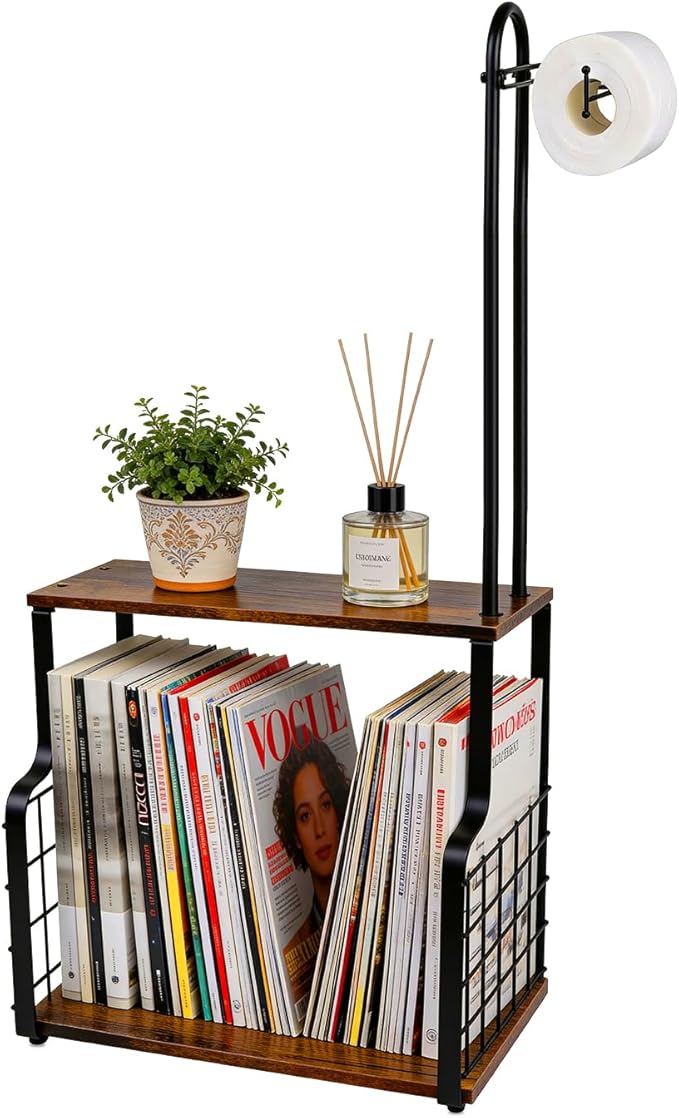 Bathroom Toilet Paper Holder with Storage Shelf, Wall Mount Toilet Paper Holder Stand with Metal Basket, Bathroom Tissue Storage Organizer for Rolls, Magazines， Phone & Shower Essentials