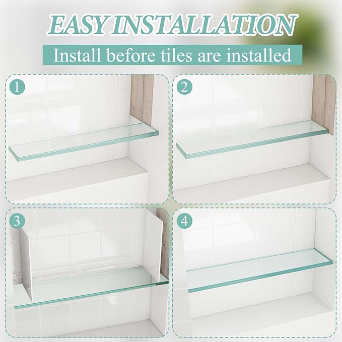 1 Pcs 3-3/8" x 12" 3/8" Glass Shelf for Shower Niche, Tempered Glass Shelf Floating Shelves for Bathroom Essentials DIY Storage Decoration, Easy Install Support Plate