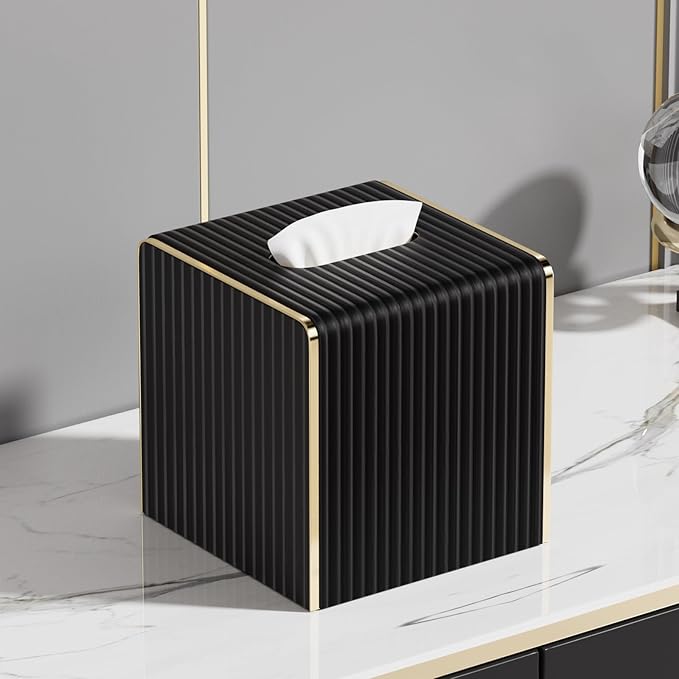 Tissue Box Cover,Black Square Luxury PU Leather Tissue Holder with Gold-Tone Edging Accents,Tissue Box Cover for Bathroom Toilet Bedroom Living Room Table Desk Office,Coffee Table Decor