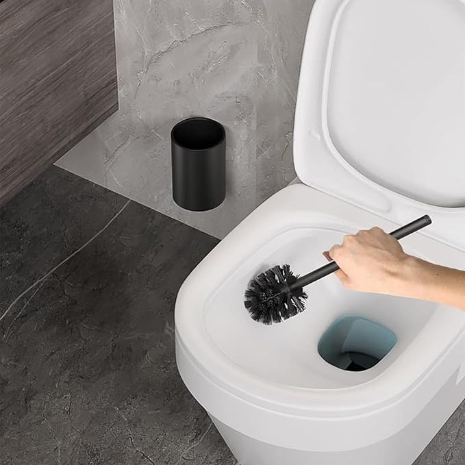 Toilet Brush and Holder, Compact Size Toilet Bowl Brush with Stainless Steel Handle, Plastic Holder Easy to Hide, Space Saving, Drip-Proof, Long Handle Bristles for Bathroom Cleaning (Black)