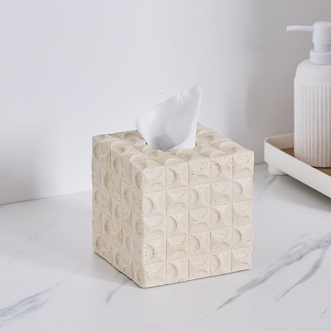 Natural Travertine Textures Tissue Box Cover Square for Home Decor, Relief Sculptured Geometric Cube Resin Heavy Tissue Box Holder for Bathroom Countertop, Tabletop, Night Stand, Office Desk (Beige)