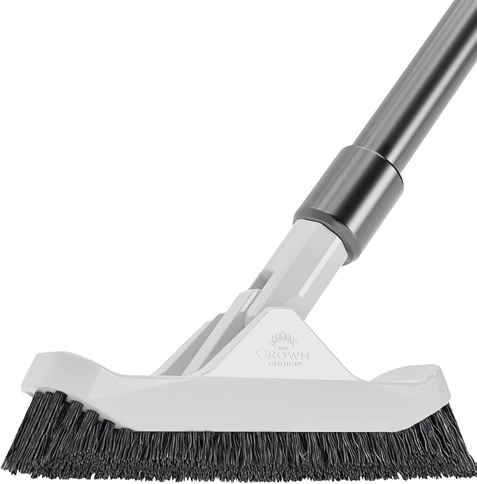 The Crown Choice Grout Brush with Long Handle - Heavy Duty Cleaner & Grout Scrubber Tool - Deep Cleaning Hard Wood, Tile, Floors - Silver Bristles & Stainless Steel - Silver Handle