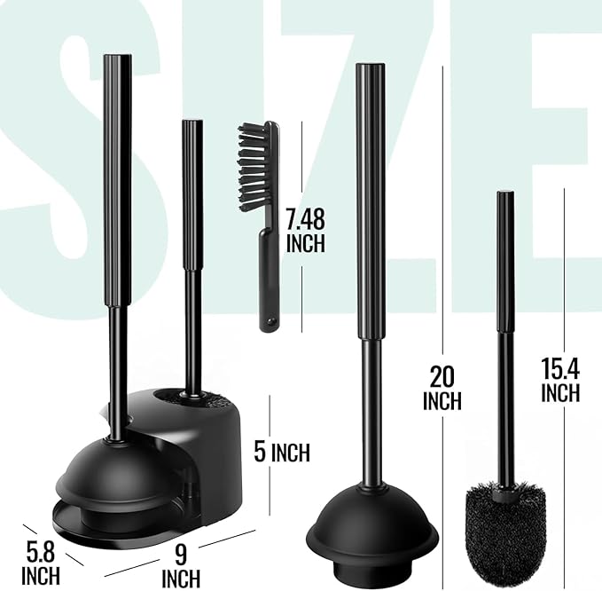 2 Pack 4 in 1 Toilet Brush and Plunger Set with Crevice Cleaning Brush, Toilet Plunger and Brush Set with Extra Long Handle, Plungers for Bathroom Accessories, Toilet Plunger with Holder, Black, Pack