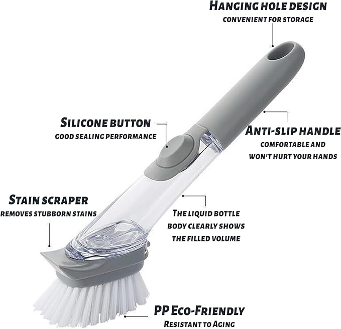 Dish Brush,Dish Scrubber with Soap Dispenser Dish Wand Kitchen Brushes for Dishes Includes Three Brush Heads