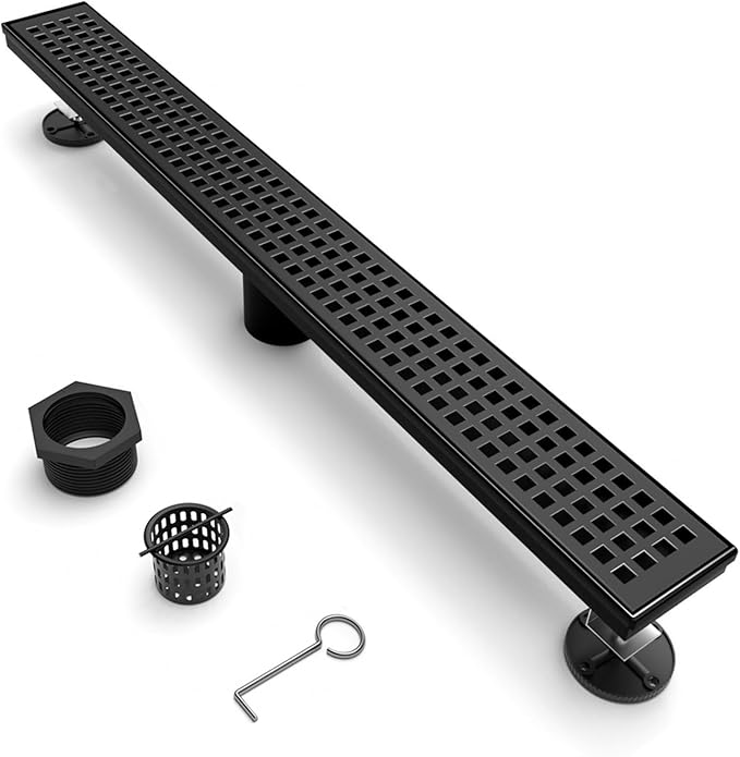Linear Shower Drain 24 Inch Black with Removable Quadrato Grate Cover, Rectangular Floor Drain 304 Stainless Steel Matte Black Linear Drains Include Accessories, CUPC Certified