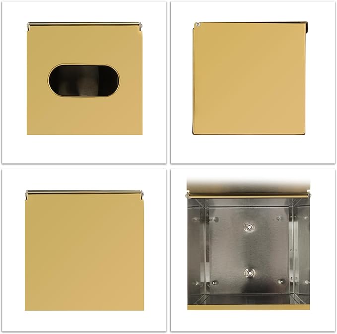 Sumnacon Tissue Box Cover Square Stainless Steel Tissue Box,Wall Mount Tissue Box Holder with Srews,Stylish Tissue Holder for Bathroom Toilet Bedroom Living Room Kitchen Table Desk Office, Gold