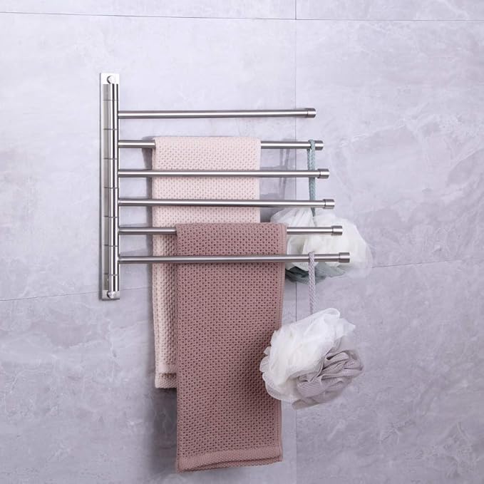Swivel Towel Bar 6-Arm Bathroom Towel Holder Wall-Mounted Swing Out Towel Rack with Hooks Rustproof Brushed Finish