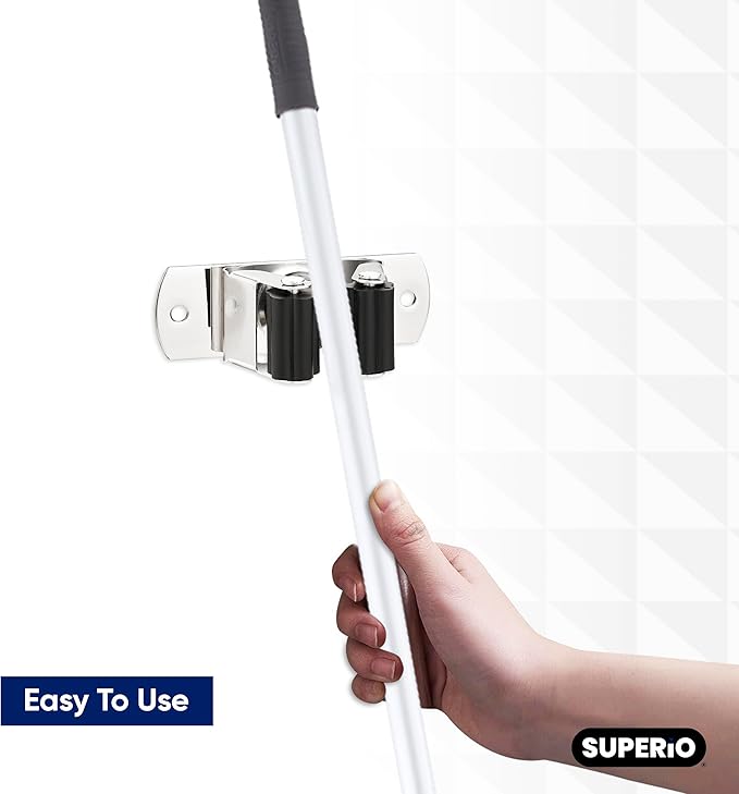 Superio Mop and Broom Holder, Set of 8 Single Piece Hooks, Stainless Steel Wall Mount Cleaning Storage Tool Organizer, Heavy-Duty Hook for Kitchen, Closet Garage, and Office