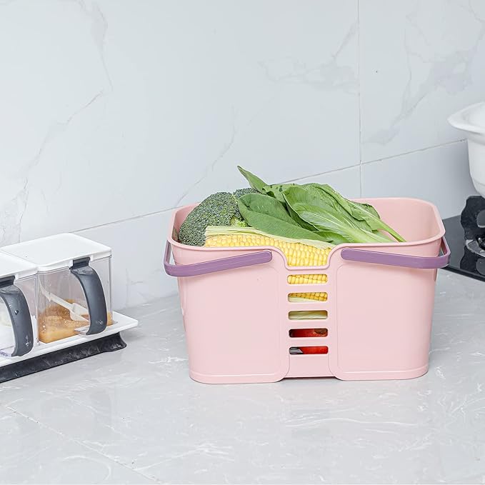 UUJOLY Plastic Storage Baskets with Handles, Storage Bin Shower Caddy Organizer for Bathroom and kitchen, Pink