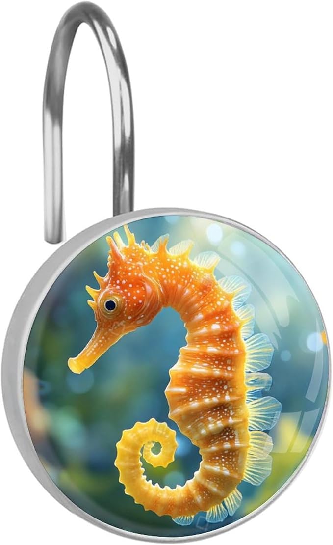 12 Pcs Seahorse Shower Curtain Hooks,Rust Proof Glass Surface Stainless Steel Curtain Rings for Bathroom Bedroom Living Room Kitchen Home Shower Rods Decor