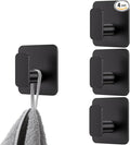 Black Square Adhesive Hooks for Shower, Bathroom, Kitchen, Robe, Towel, Coat, Waterproof & Rustproof Heavy Duty Hook for Walls No Damage, Stainless Steel Sticky Hook (4)