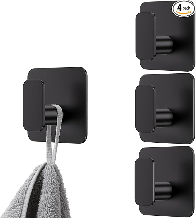 Black Square Adhesive Hooks for Shower, Bathroom, Kitchen, Robe, Towel, Coat, Waterproof & Rustproof Heavy Duty Hook for Walls No Damage, Stainless Steel Sticky Hook (4)