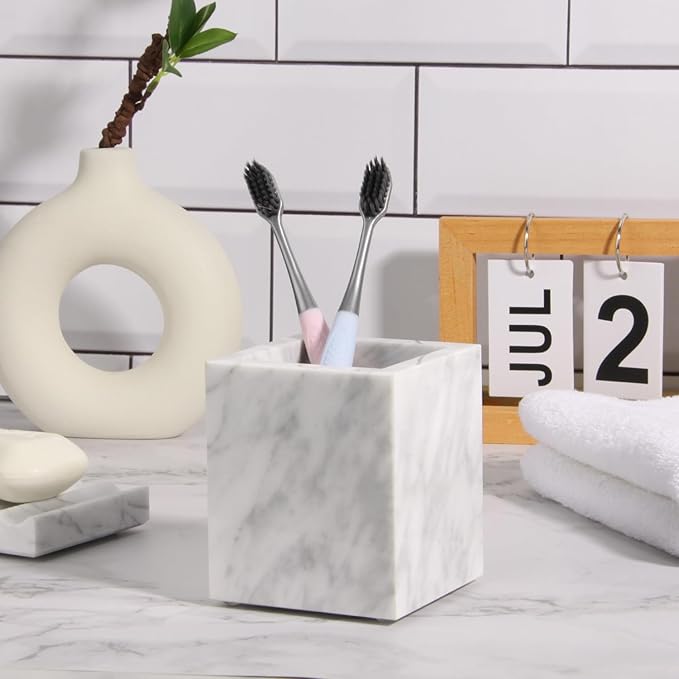 Natural Marble Toothbrush Holder for Bathroom Countertop (8.5x8.5x10cm) - Multifunctional Organizer for Makeup Brushes, Vanity Accessories & Utensils Sink(Carrara White)