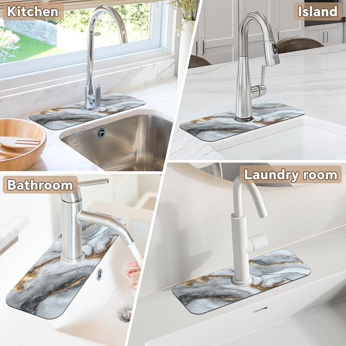 Kitchen Sink Splash Guard Faucet Mat - 1PC White Marble Super Absorbent Fast Drying Faucet Guard & Draining Mat Sink Splash Guard Behind Faucet Drip Catcher for Kitchen Bathroom RV (15.4" X 5.7" )