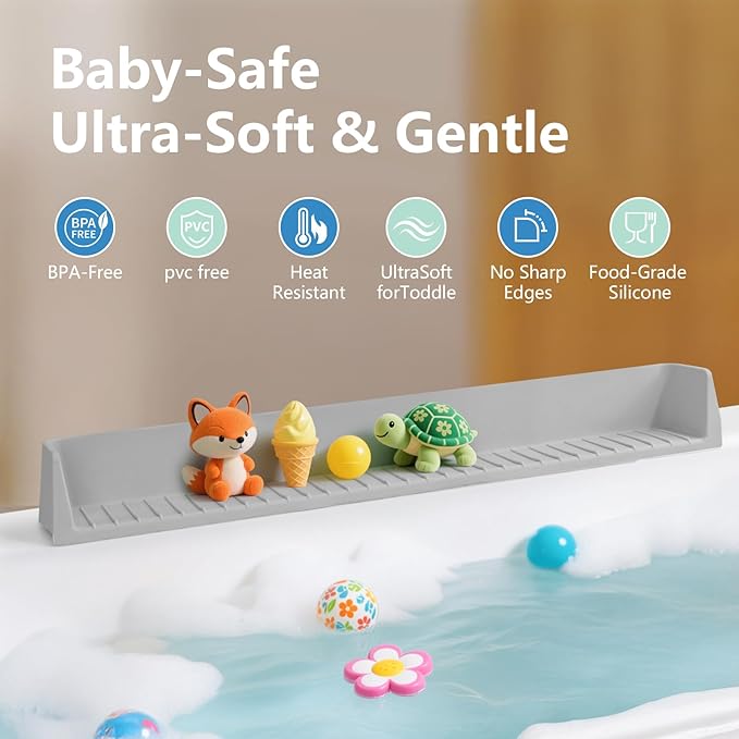 2.6-Ft Bathtub Splash Guard for Tub Kids, Silicone Splash Shield with 11 Suction Cups, Toy Tray Shelf, No Spill Water Barrier, Prevents Mess, Fun Bathtime for Toddlers Baby–Gray