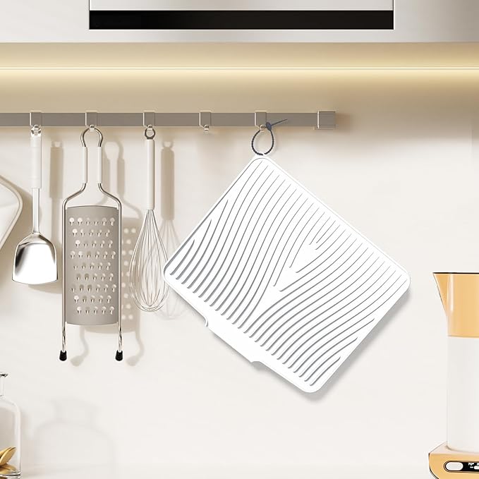 Silicone Dish Drying Mat for Kitchen Counter, Dish Drying Pad, Non-Slip Drain Pad with Built-in Drain, Heat Resistant Stone Drying Mat, Ivory-15.8" x 13"