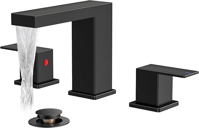 FORIOUS Waterfall Black Bathroom Faucet 3 Hole, 8 Inch Widespread Matte Black Waterfall Faucet for Bathroom Sink 3 Hole with Metal Pop-Up Drain and Supply Lines for Restroom, Lavatory, Vanity