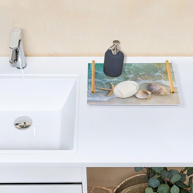 Beach Shell Vanity Tray Acrylic Bathroom Countertop Tray Ocean Decorative for Kitchen Desk Organizer Makeup Storage Tray