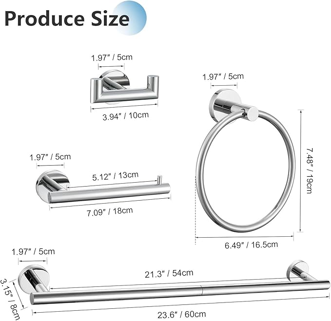 TNOMS 5-Piece Towel Bar Set Polished Chrome Bathroom Hardware Set Upgraded Towel Hooks Towel Racks Set for Bathroom Stainless Steel Wall Mounted Towel Holder Set 23.6 Inch