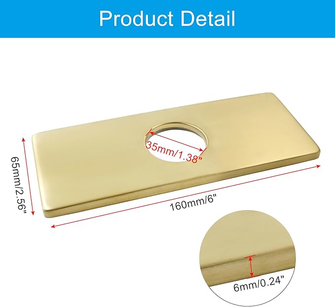 Biaungdo 6" Hole Cover Deck Plate, Brushed Gold Escutcheon Plate Stainless Steel Bathroom Faucet Plate Rectangle Faucet Cover Plate for 1 or 3 Hole Bathroom Vanity Sink Faucet