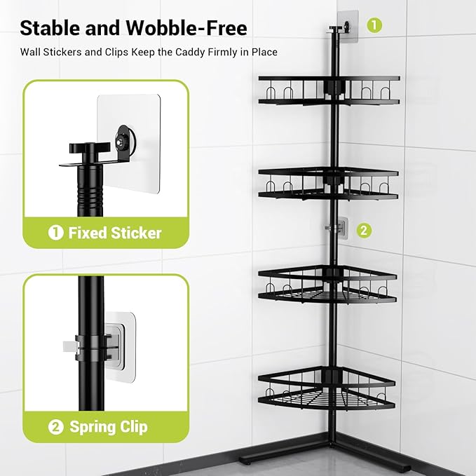 Floor Standing Corner Shower Caddy: 4-tier Rustproof Freestanding Shower Organizer Shelf for Inside - No Drilling Bathroom Rack Stand Black