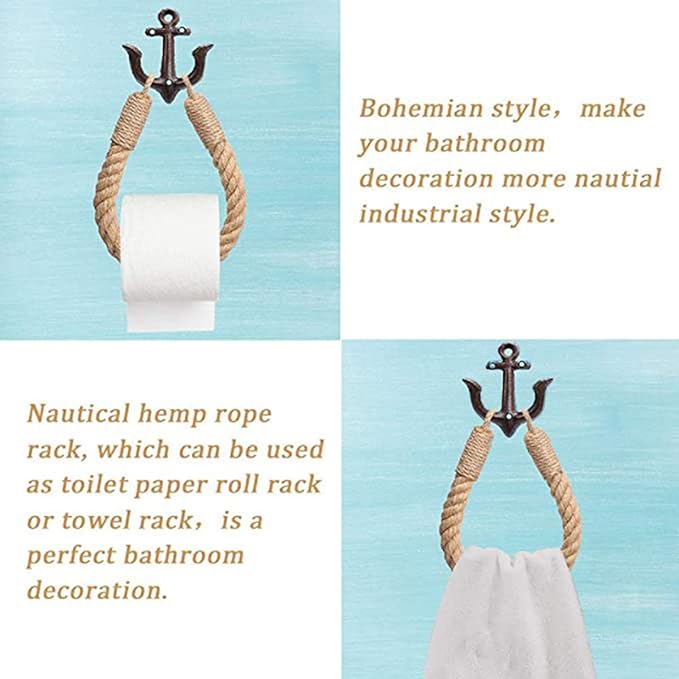2 Pcs Nautical Toilet Paper Holder Rustic-Industrial Wall-Mounted Nautical Toilet Paper Towel Ring with Metal Hook for Bathroom Decor(Brown+Brown)