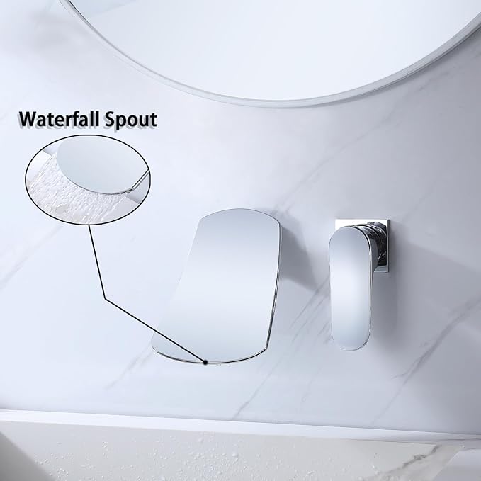 Wall Mounted Waterfall Bathroom Sink Faucet Single Handle Lavatory Sink Faucets 2 Holes Vanity Faucets Waterfall Basin Mixer Tap, Chrome