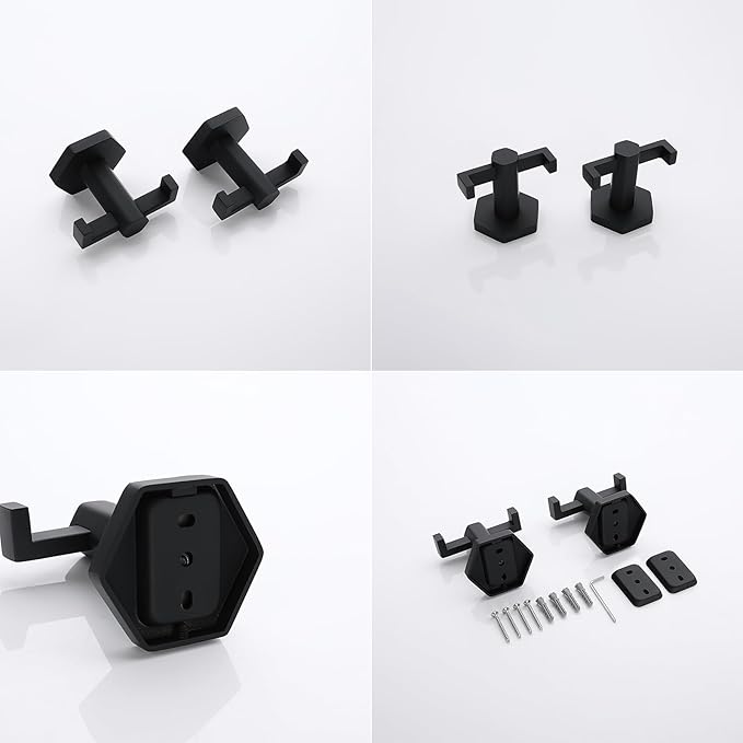 GERZWY Matte Black Coat/Robe Clothes Hook for Bath Kitchen Modern Hotel Style, Stainless Steel Bathroom Double Towel Hook Wall Mounted 2 Pack
