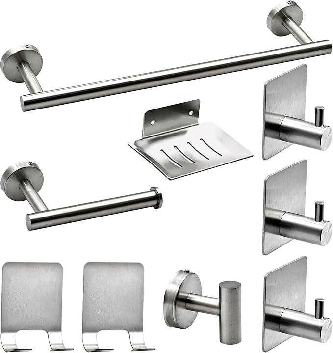 9 PCS Bathroom Hardware Set, Brushed Nickel Stainless Steel Bathroom Tower Rack Set Wall Mounted Includes 16" Towel Bar, Toilet Towel Paper Holder, 6 Robe Towel Hooks, 1 Soap Holder